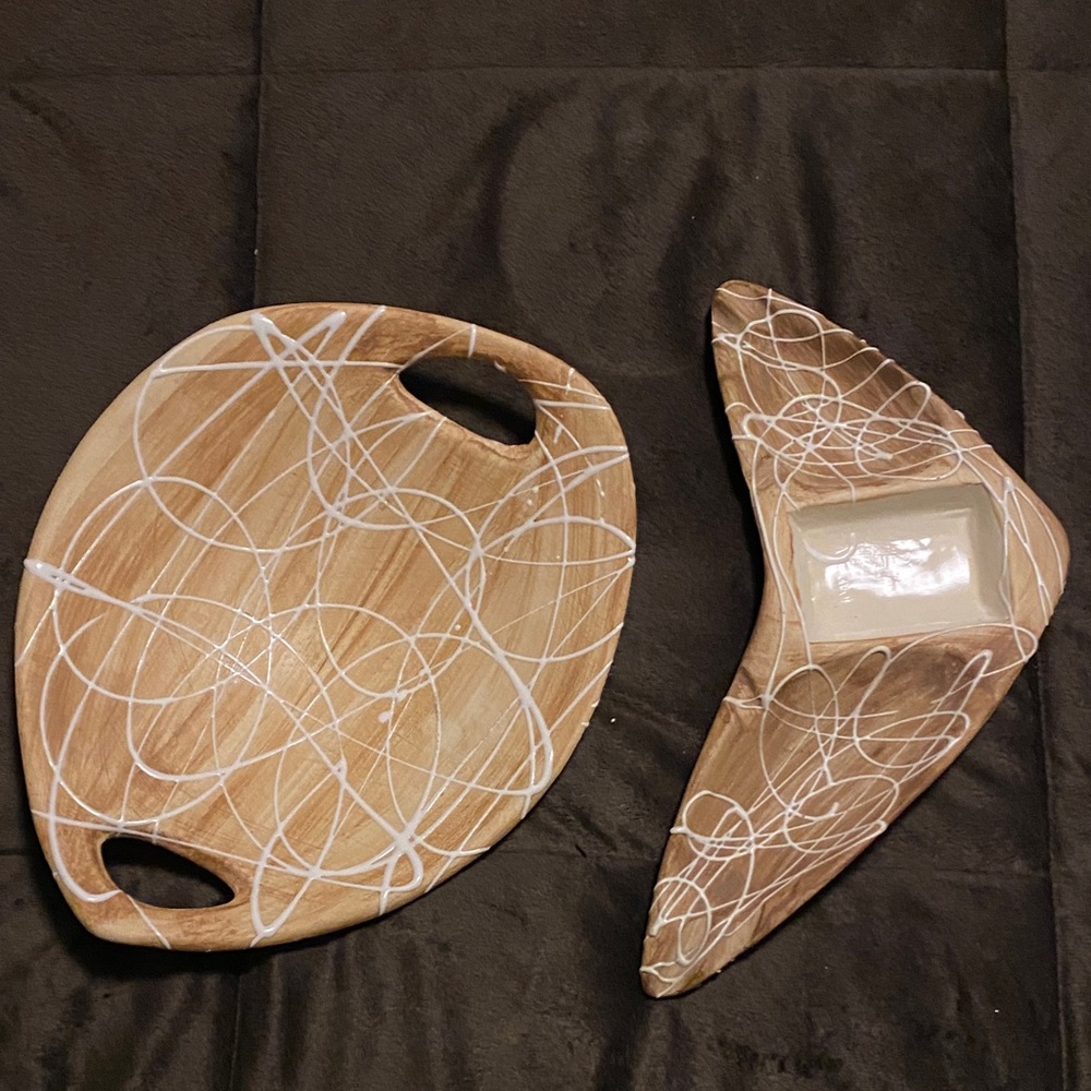 Abstract Brown and White ceramic signed Serving Tray Set